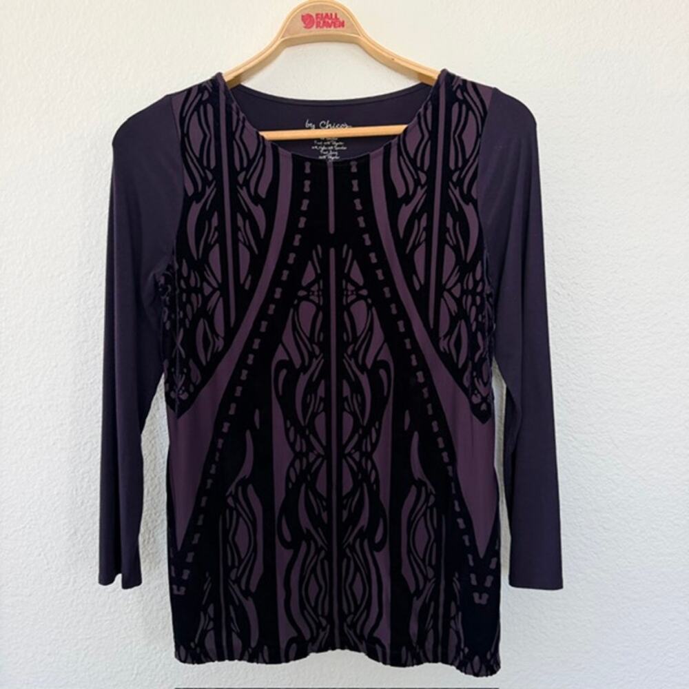 By Chico's Viola Velvet Burnout Eggplant Fashion Knit Top Art Nouveau Women's 0